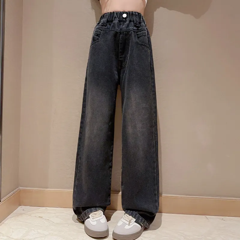 【120-170】オシャレ 無地 デニム ジーンズ 薄手 春秋 冬 裏起毛 子供服 キッズ ジュニア 女の子 ボトムス ワイドパンツ