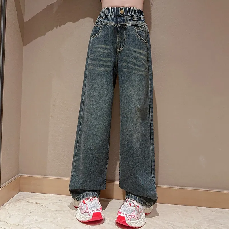【120-170】オシャレ 無地 デニム ジーンズ 薄手 春秋 冬 裏起毛 子供服 キッズ ジュニア 女の子 ボトムス ワイドパンツ