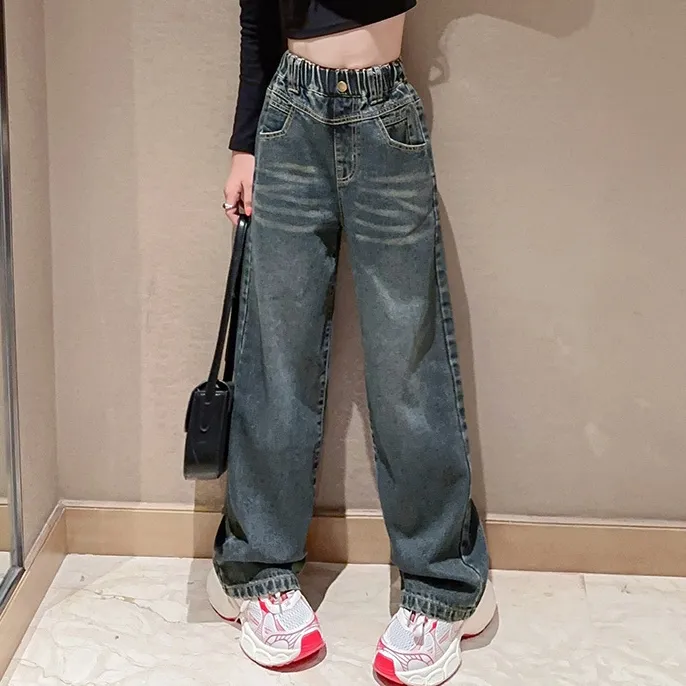 【120-170】オシャレ 無地 デニム ジーンズ 薄手 春秋 冬 裏起毛 子供服 キッズ ジュニア 女の子 ボトムス ワイドパンツ