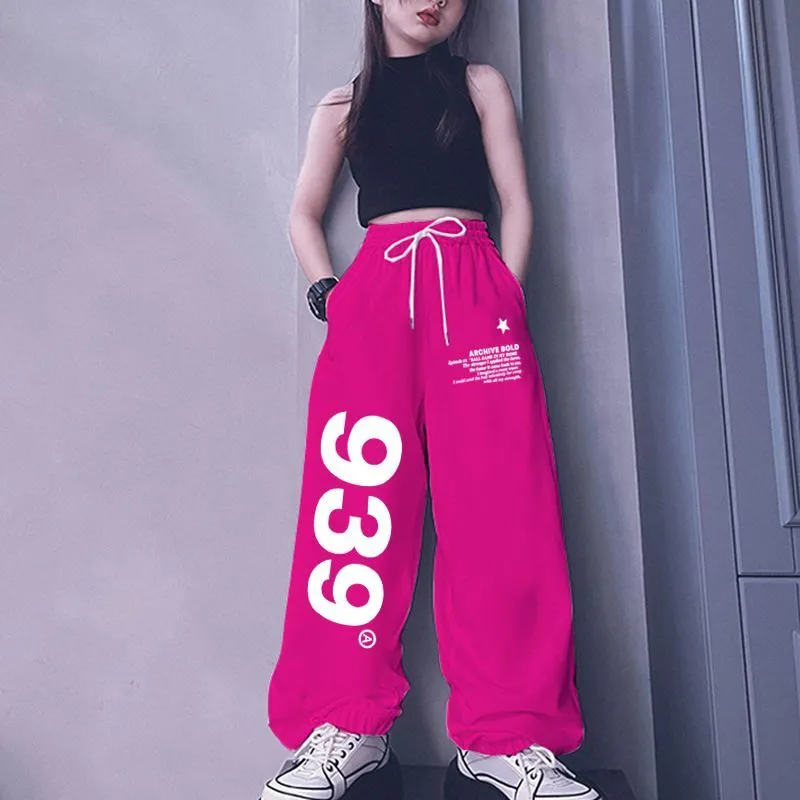 110-170 レトロ ヒップホップ ダンス 夏 子供服 キッズ ジュニア 女の子 数字柄 ゆったり ボトムス スウェットパンツ