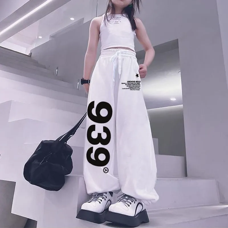 110-170 レトロ ヒップホップ ダンス 夏 子供服 キッズ ジュニア 女の子 数字柄 ゆったり ボトムス スウェットパンツ