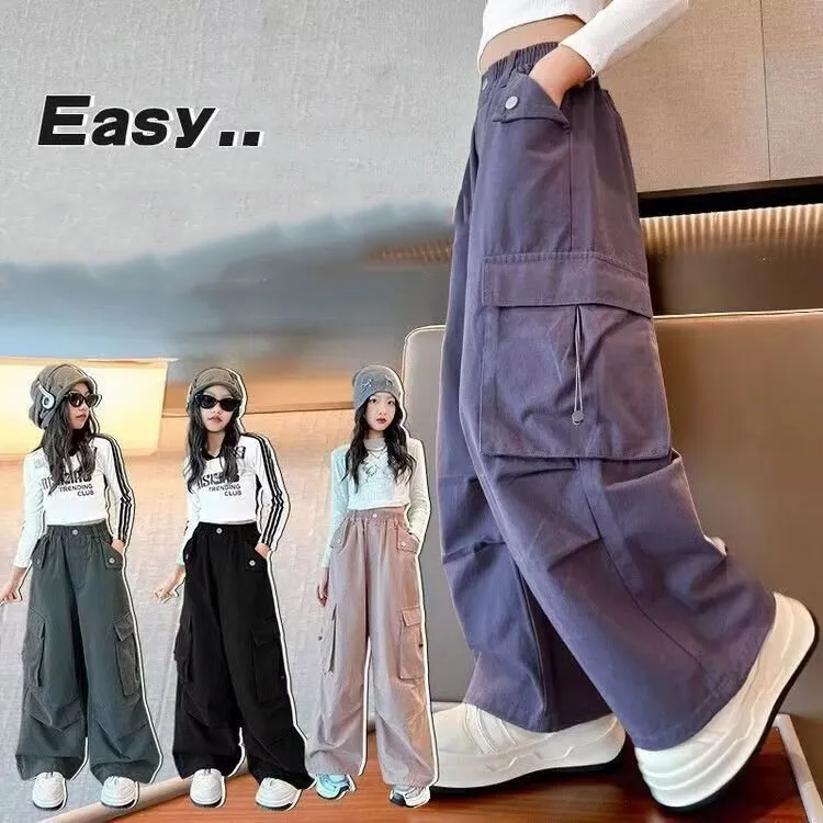 120-170 ヒップホップ ダンス 春秋 子供服 キッズ ジュニア 女の子 無地 ポケット付き ゆったり ボトムス カーゴパンツ