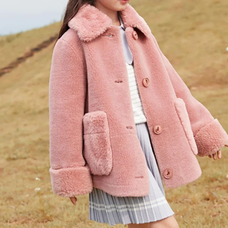 【110-160】シンプル 無地 スウィート 折り襟 秋冬 子供服 女の子 フワフワ アウター