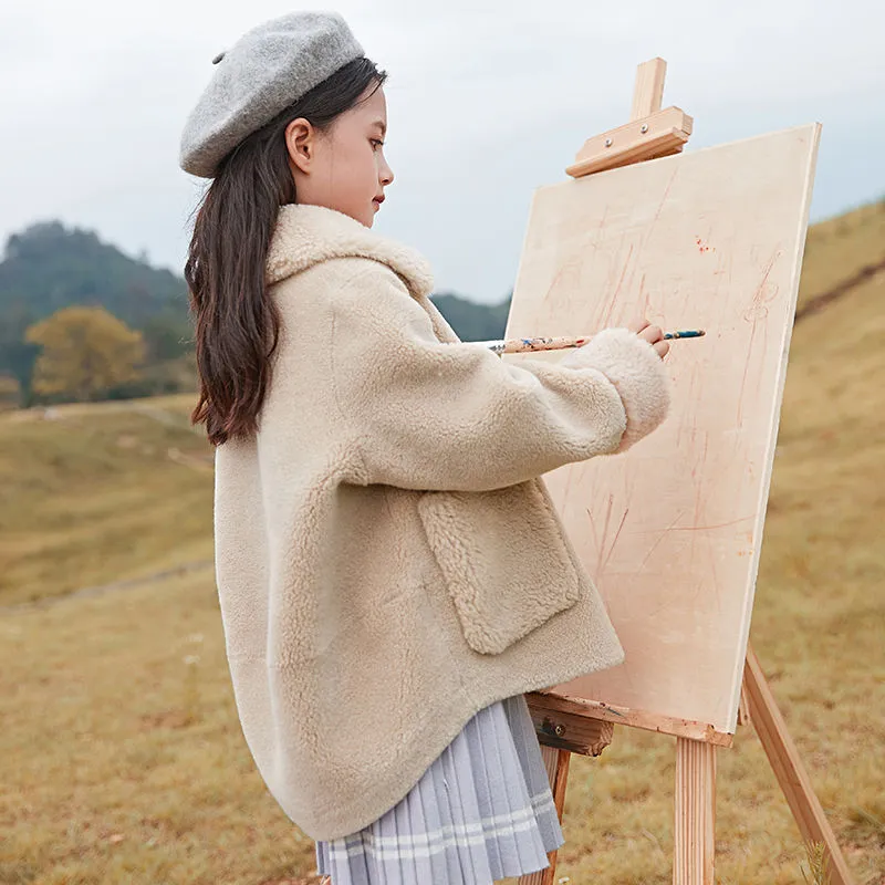 【110-160】シンプル 無地 スウィート 折り襟 秋冬 子供服 女の子 フワフワ アウター