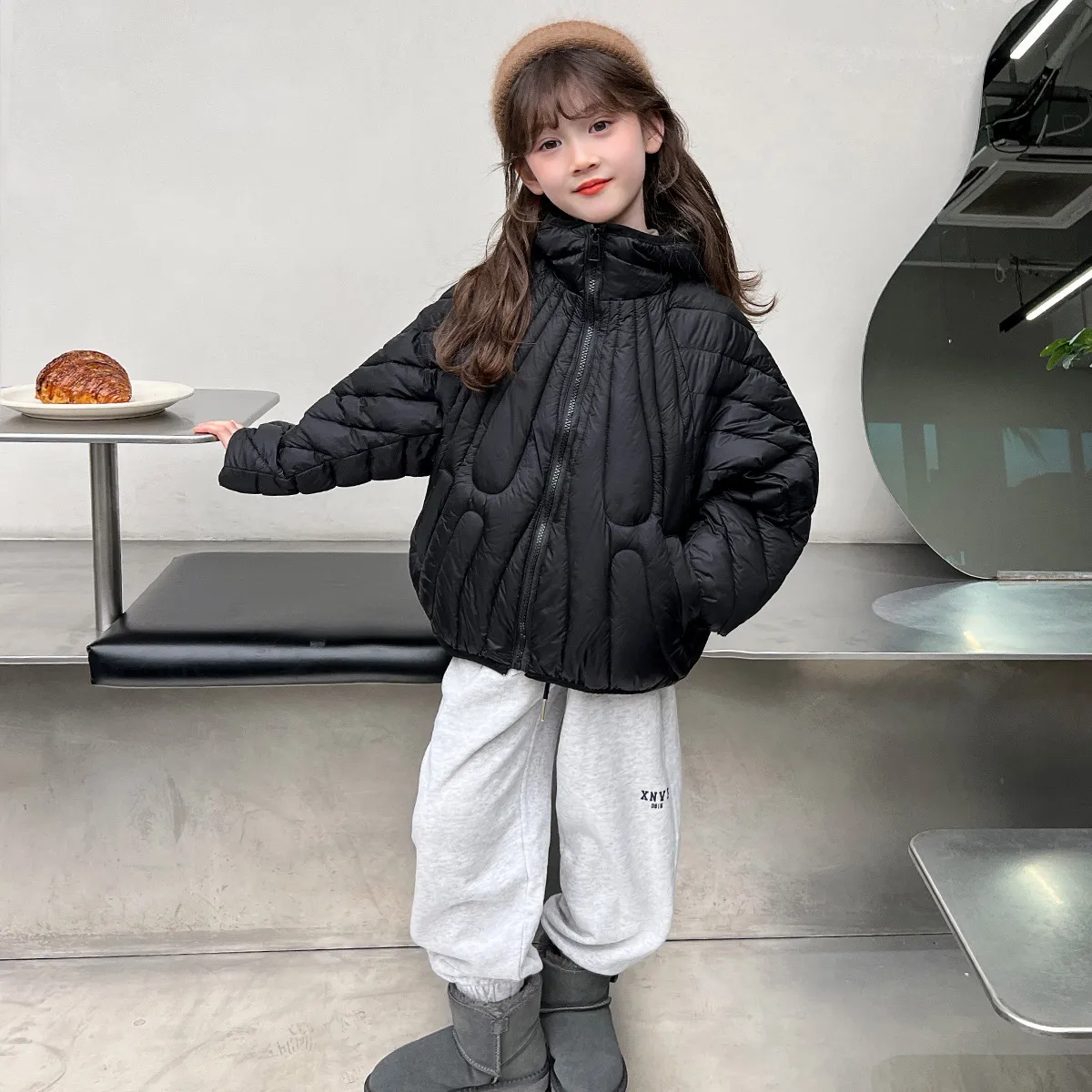 120-170 特別デザイン ゆったり 厚手 秋冬 子供服 キッズ ジュニア 女の子 無地 フード付き 綿コート アウター