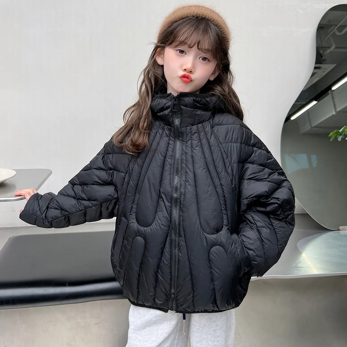 120-170 特別デザイン ゆったり 厚手 秋冬 子供服 キッズ ジュニア 女の子 無地 フード付き 綿コート アウター