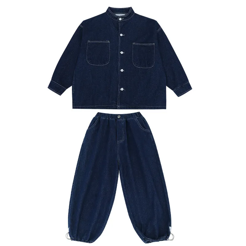 120-170 カジュアル ゆったり 春 秋 子供服 キッズ ジュニア 女の子 デニム 無地 スタンドネック シングルブレスト アウター✛パンツ セットアップ
