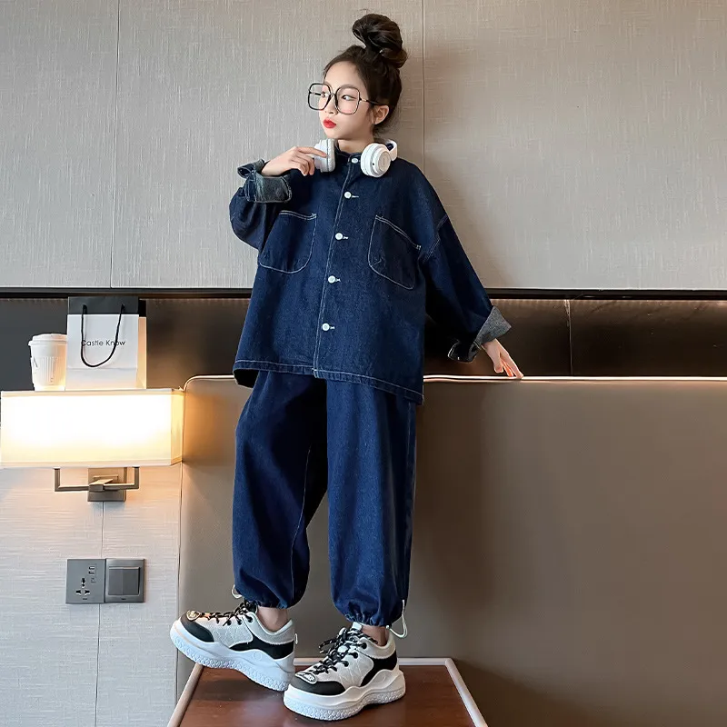 120-170 カジュアル ゆったり 春 秋 子供服 キッズ ジュニア 女の子 デニム 無地 スタンドネック シングルブレスト アウター✛パンツ セットアップ