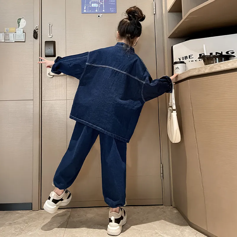 120-170 カジュアル ゆったり 春 秋 子供服 キッズ ジュニア 女の子 デニム 無地 スタンドネック シングルブレスト アウター✛パンツ セットアップ