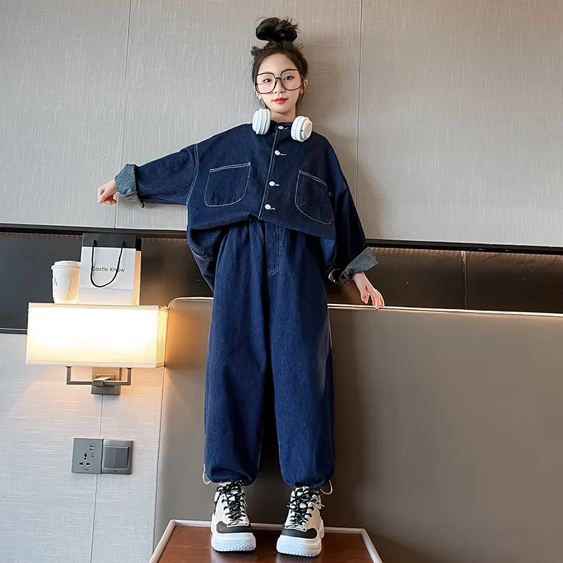 120-170 カジュアル ゆったり 春 秋 子供服 キッズ ジュニア 女の子 デニム 無地 スタンドネック シングルブレスト アウター✛パンツ セットアップ