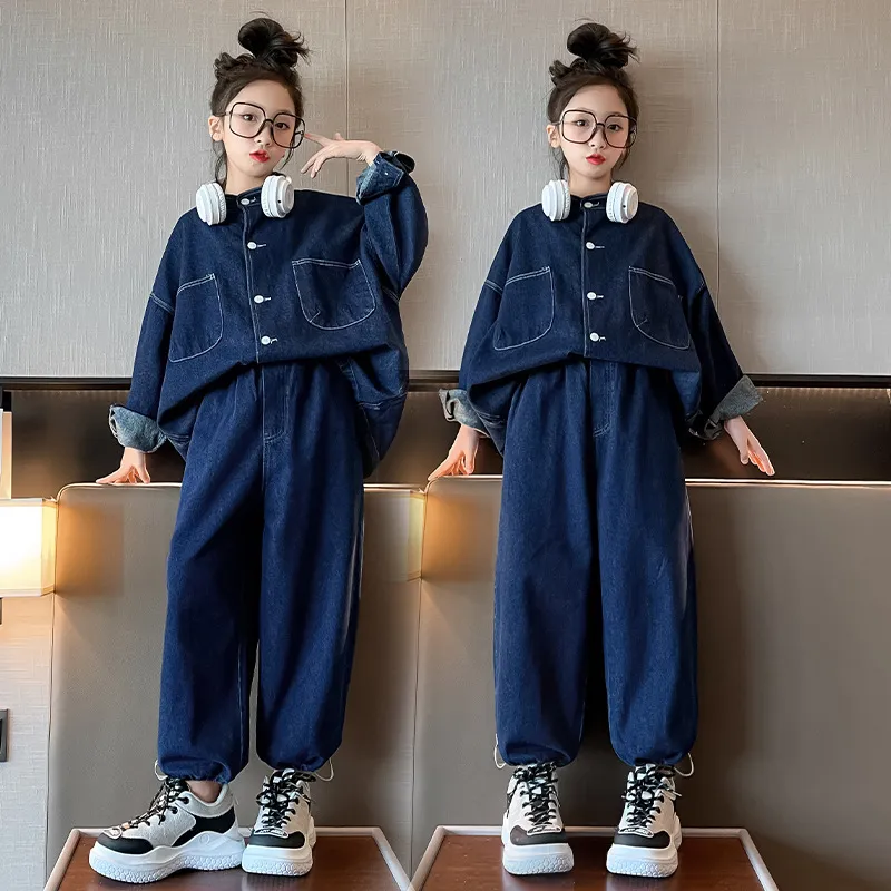 120-170 カジュアル ゆったり 春 秋 子供服 キッズ ジュニア 女の子 デニム 無地 スタンドネック シングルブレスト アウター✛パンツ セットアップ