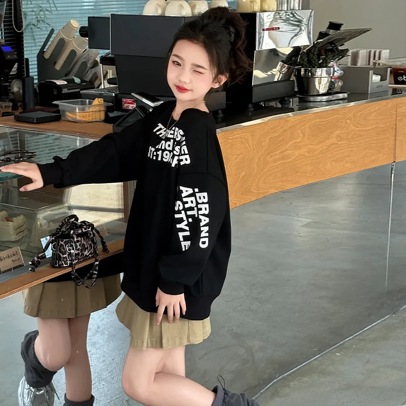 120-170 韓国 春 秋 子供服 キッズ ジュニア 女の子 アルファベット プリント ワンショルダー トップス トレーナー スウェット