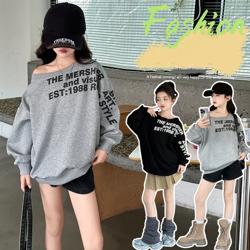 120-170 韓国 春 秋 子供服 キッズ ジュニア 女の子 アルファベット プリント ワンショルダー トップス トレーナー スウェット