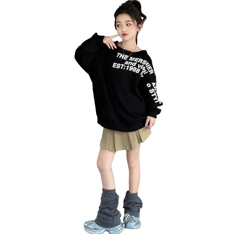 120-170 韓国 春 秋 子供服 キッズ ジュニア 女の子 アルファベット プリント ワンショルダー トップス トレーナー スウェット