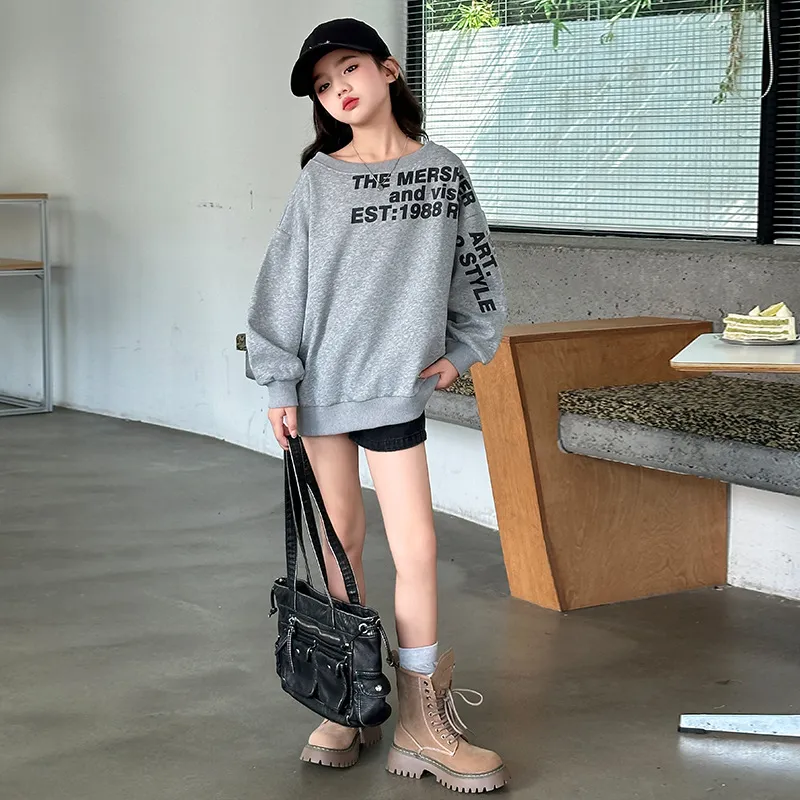 120-170 韓国 春 秋 子供服 キッズ ジュニア 女の子 アルファベット プリント ワンショルダー トップス トレーナー スウェット