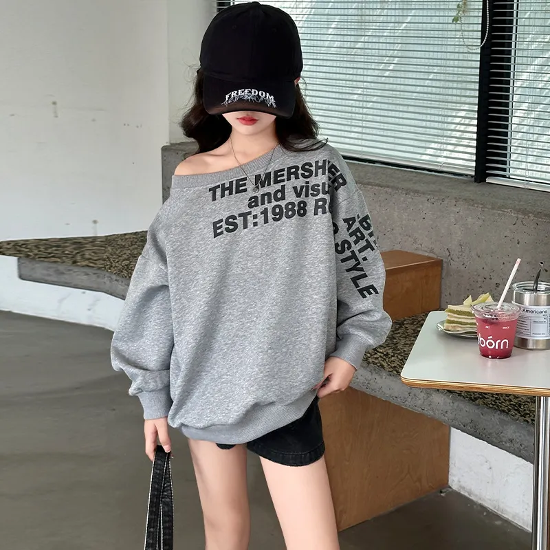 120-170 韓国 春 秋 子供服 キッズ ジュニア 女の子 アルファベット プリント ワンショルダー トップス トレーナー スウェット