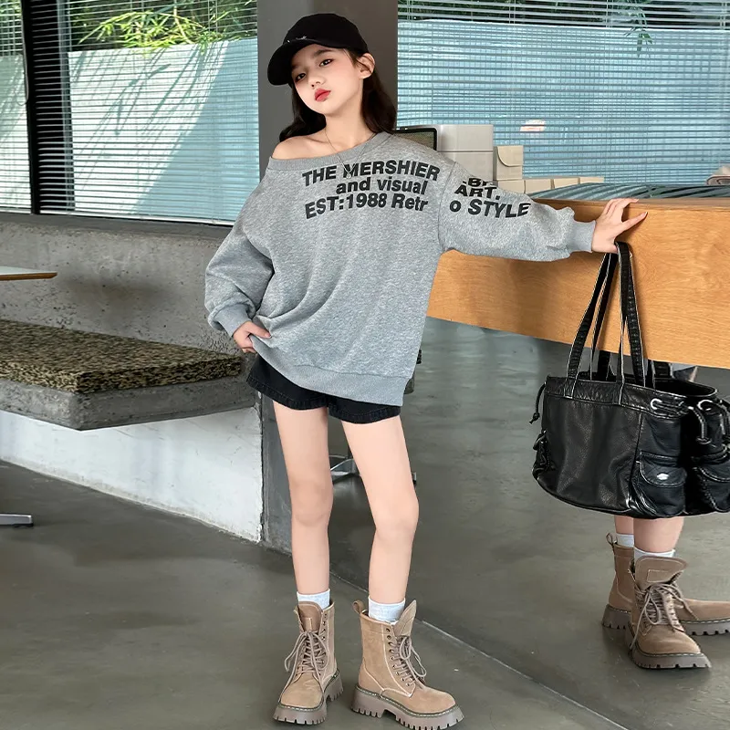 120-170 韓国 春 秋 子供服 キッズ ジュニア 女の子 アルファベット プリント ワンショルダー トップス トレーナー スウェット