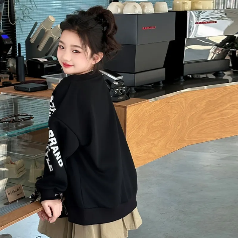 120-170 韓国 春 秋 子供服 キッズ ジュニア 女の子 アルファベット プリント ワンショルダー トップス トレーナー スウェット
