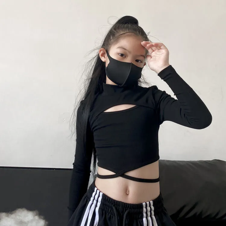 120-170 ヒップホップ ダンス 春 秋 子供服 キッズ ジュニア 女の子 ダメージ加工 ショート丈 ボウタイ Tシャツ✛ストライプ柄 ワイドパンツ セットアップ