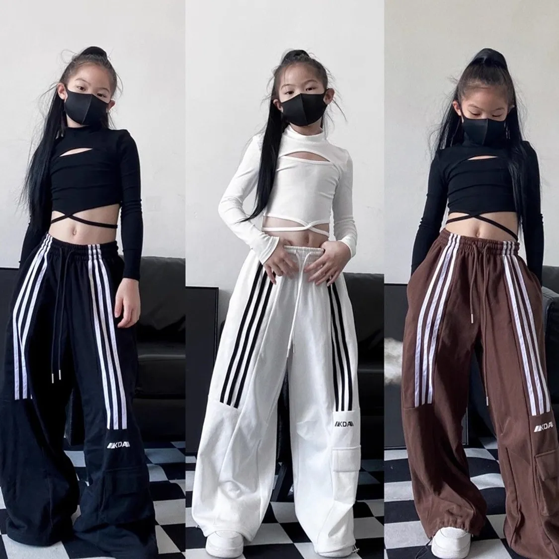 120-170 ヒップホップ ダンス 春 秋 子供服 キッズ ジュニア 女の子 ダメージ加工 ショート丈 ボウタイ Tシャツ✛ストライプ柄 ワイドパンツ セットアップ