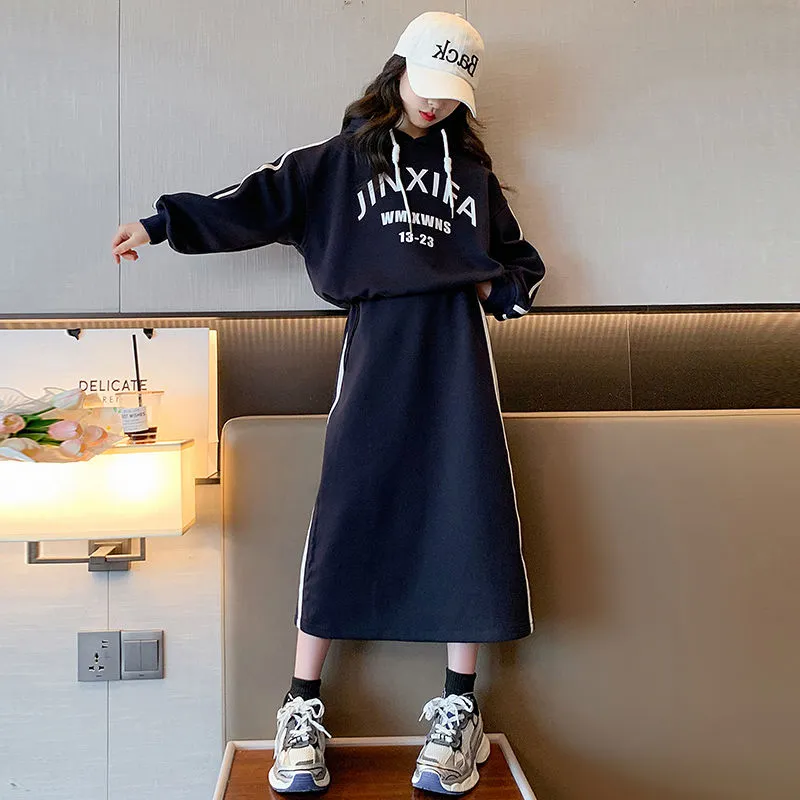 【120-170】おしゃれ アルファベット フード付き 長袖 パーカー＋スカート 秋 子供服 キッズ 女の子 ジュニア セットアップ