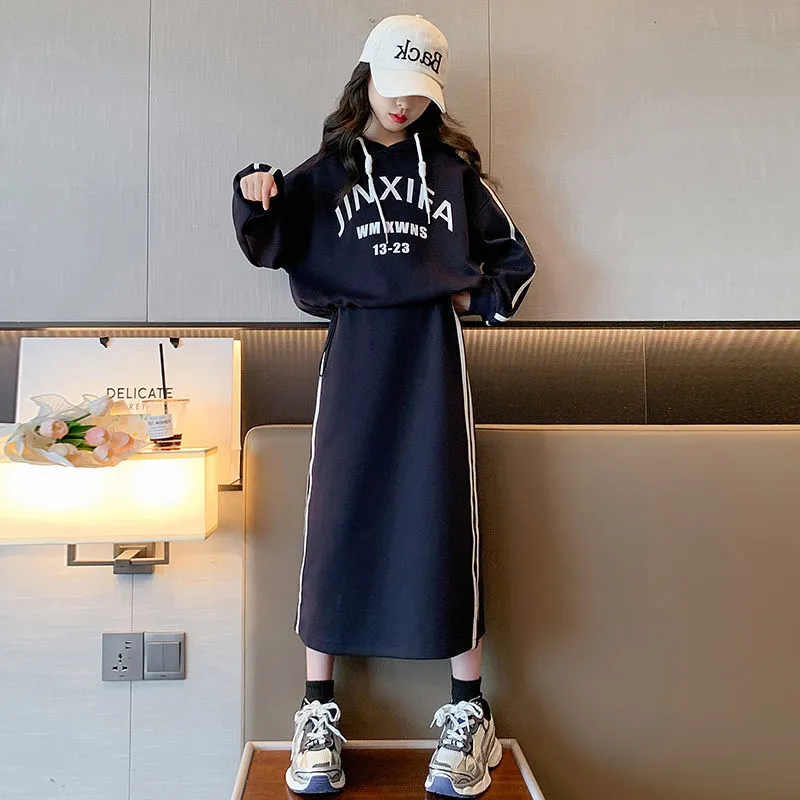 【120-170】おしゃれ アルファベット フード付き 長袖 パーカー＋スカート 秋 子供服 キッズ 女の子 ジュニア セットアップ