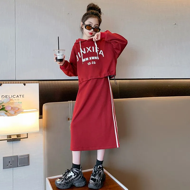 【120-170】おしゃれ アルファベット フード付き 長袖 パーカー＋スカート 秋 子供服 キッズ 女の子 ジュニア セットアップ
