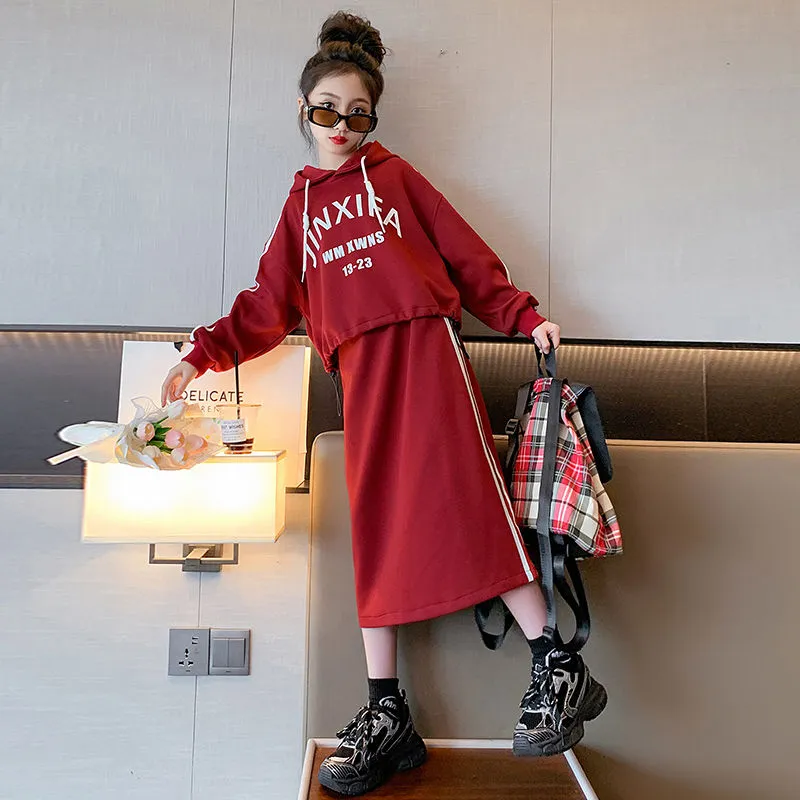 【120-170】おしゃれ アルファベット フード付き 長袖 パーカー＋スカート 秋 子供服 キッズ 女の子 ジュニア セットアップ