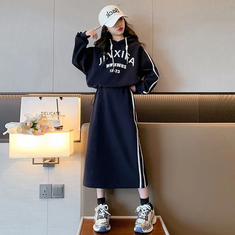 【120-170】おしゃれ アルファベット フード付き 長袖 パーカー＋スカート 秋 子供服 キッズ 女の子 ジュニア セットアップ