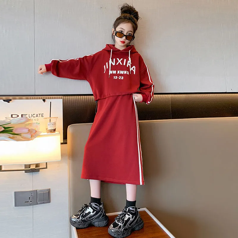 【120-170】おしゃれ アルファベット フード付き 長袖 パーカー＋スカート 秋 子供服 キッズ 女の子 ジュニア セットアップ