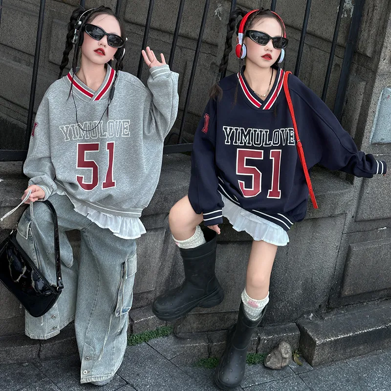 120-170 欧米 カジュアル 春 秋 子供服 キッズ ジュニア 女の子 ゆったり Vネック アルファベット 数字柄 トップス トレーナー スウェット