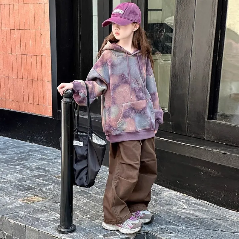 130-170 ファッション感満々 絞り染め 裏起毛 秋 冬 子供服 キッズ ジュニア 女の子 フード付き ゆったり トップス パーカー