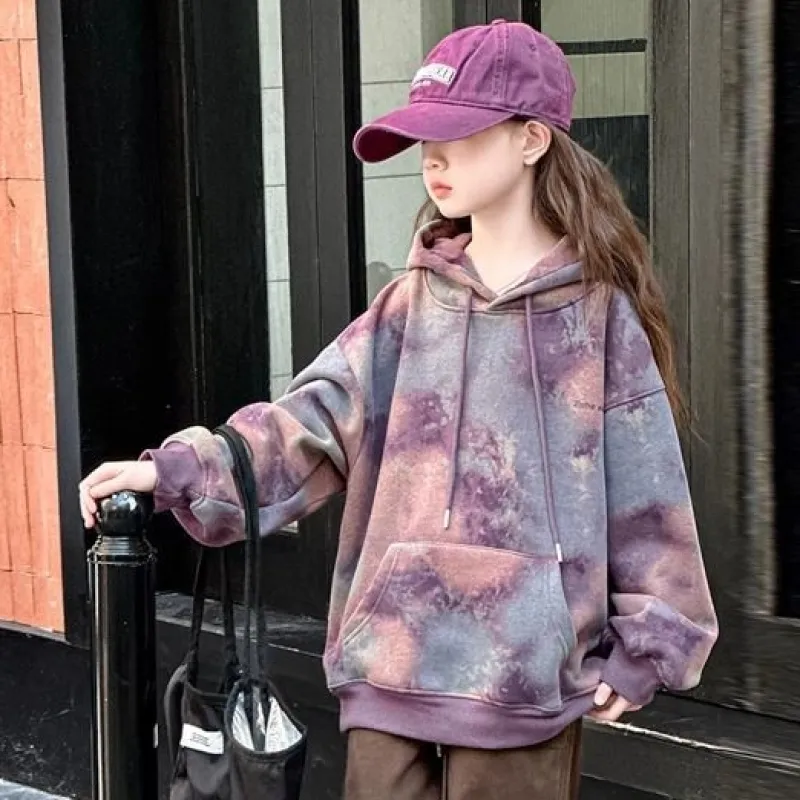 130-170 ファッション感満々 絞り染め 裏起毛 秋 冬 子供服 キッズ ジュニア 女の子 フード付き ゆったり トップス パーカー
