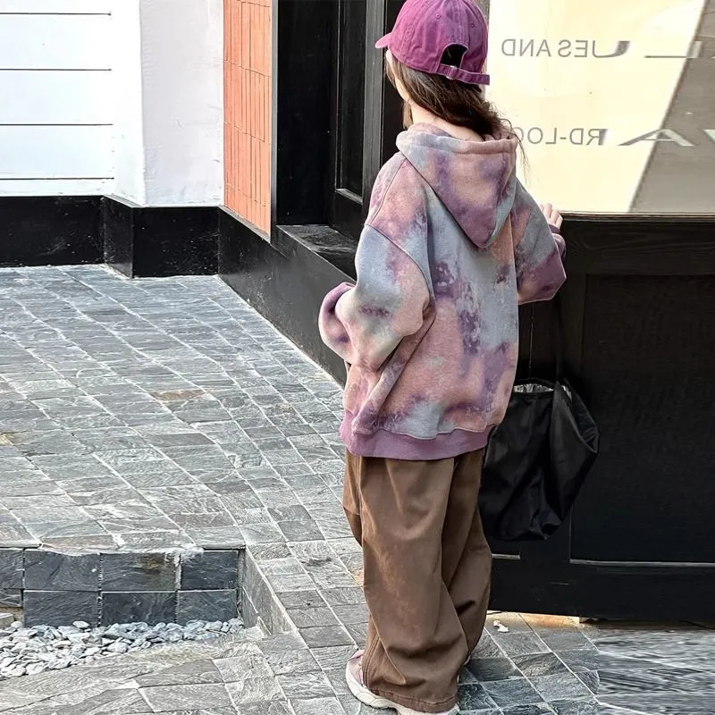 130-170 ファッション感満々 絞り染め 裏起毛 秋 冬 子供服 キッズ ジュニア 女の子 フード付き ゆったり トップス パーカー