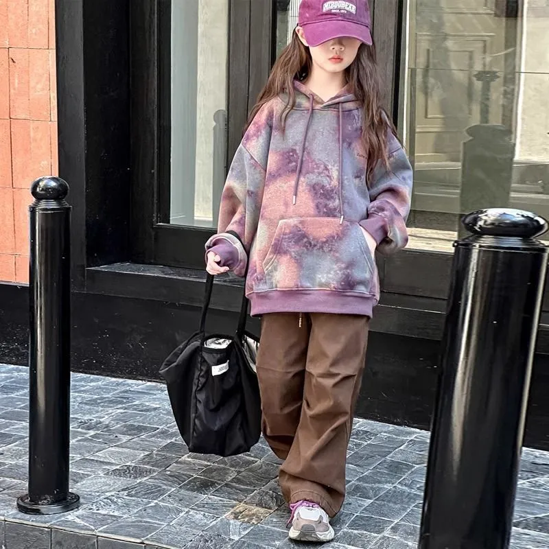 130-170 ファッション感満々 絞り染め 裏起毛 秋 冬 子供服 キッズ ジュニア 女の子 フード付き ゆったり トップス パーカー