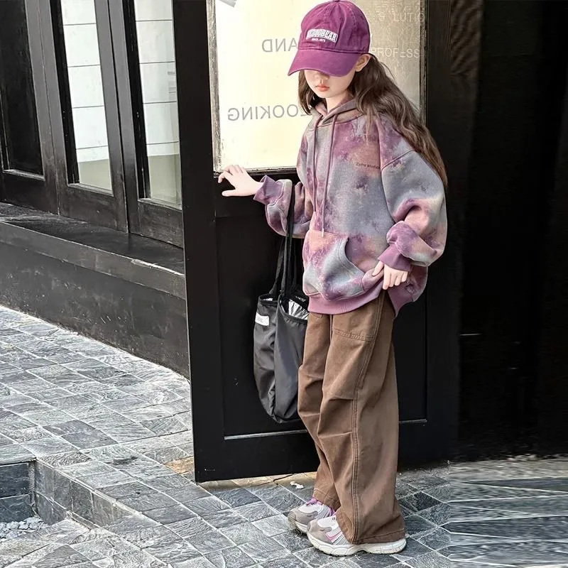 130-170 ファッション感満々 絞り染め 裏起毛 秋 冬 子供服 キッズ ジュニア 女の子 フード付き ゆったり トップス パーカー