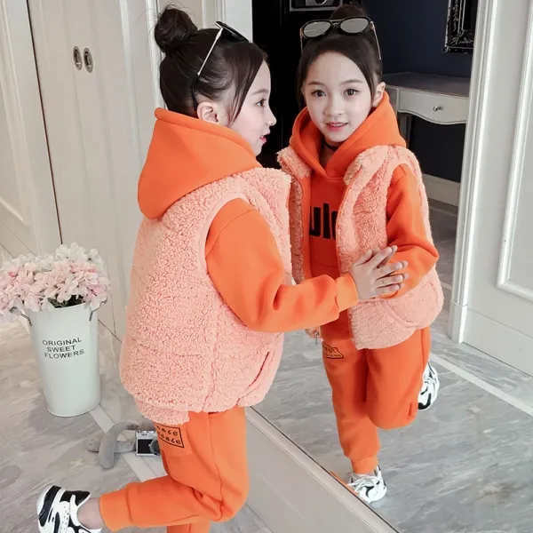 110-160 あったか 韓国 もこもこ 秋 冬 子供服 キッズ ジュニア 女の子 ベスト✛フード付き パーカー✛スウェットパンツ 3点 セットアップ