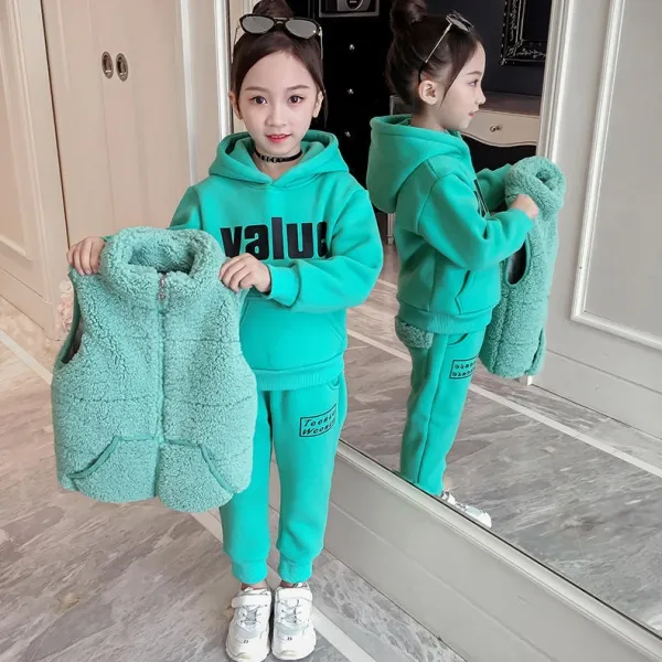 110-160 あったか 韓国 もこもこ 秋 冬 子供服 キッズ ジュニア 女の子 ベスト✛フード付き パーカー✛スウェットパンツ 3点 セットアップ