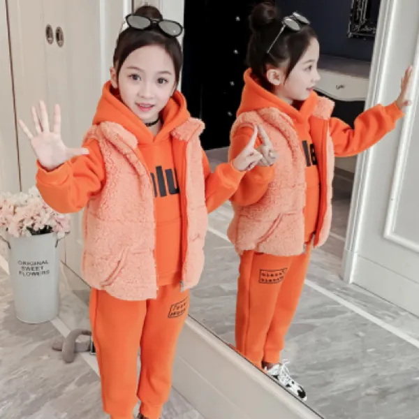 110-160 あったか 韓国 もこもこ 秋 冬 子供服 キッズ ジュニア 女の子 ベスト✛フード付き パーカー✛スウェットパンツ 3点 セットアップ