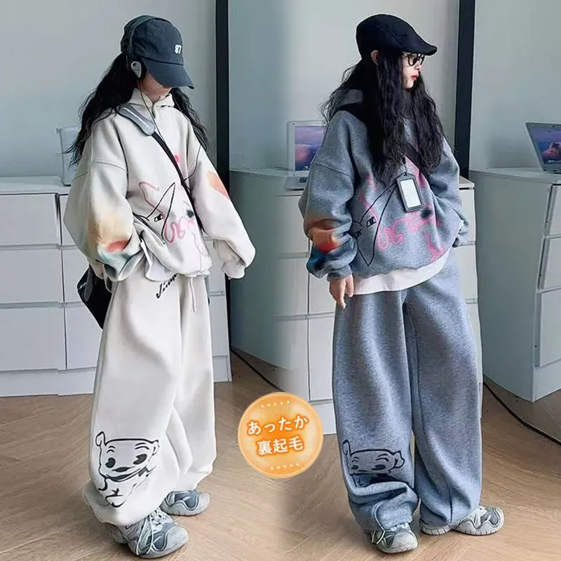 110-170 超かわいい ゆったり 裏起毛 秋冬 子供服 キッズ ジュニア 女の子 落書き プリント フード付き パーカー✛パンツ セットアップ