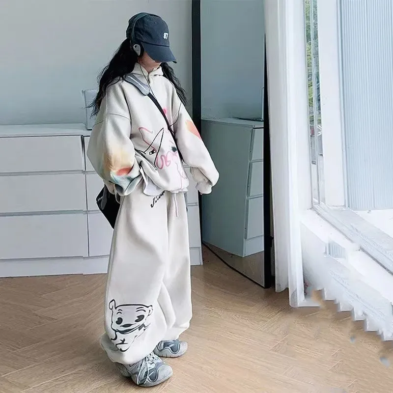 110-170 超かわいい ゆったり 裏起毛 秋冬 子供服 キッズ ジュニア 女の子 落書き プリント フード付き パーカー✛パンツ セットアップ