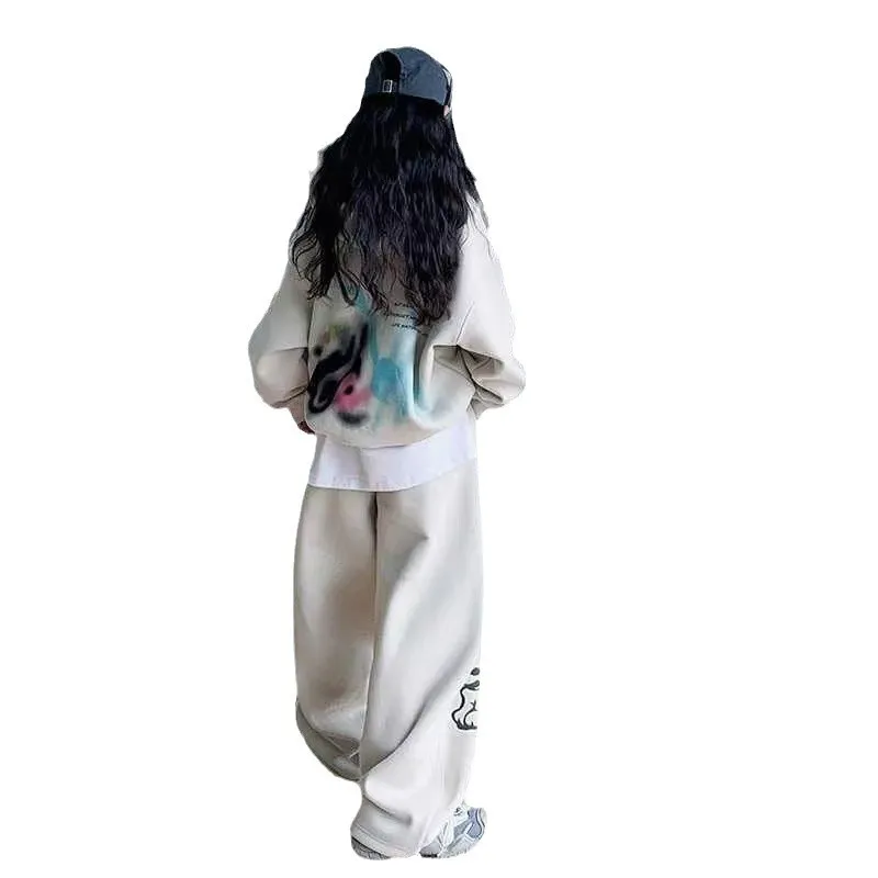 110-170 超かわいい ゆったり 裏起毛 秋冬 子供服 キッズ ジュニア 女の子 落書き プリント フード付き パーカー✛パンツ セットアップ