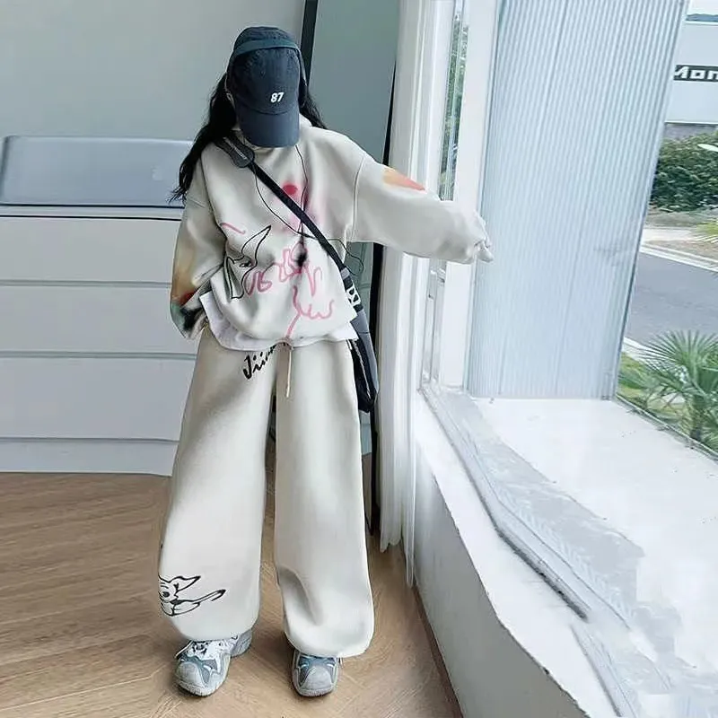 110-170 超かわいい ゆったり 裏起毛 秋冬 子供服 キッズ ジュニア 女の子 落書き プリント フード付き パーカー✛パンツ セットアップ