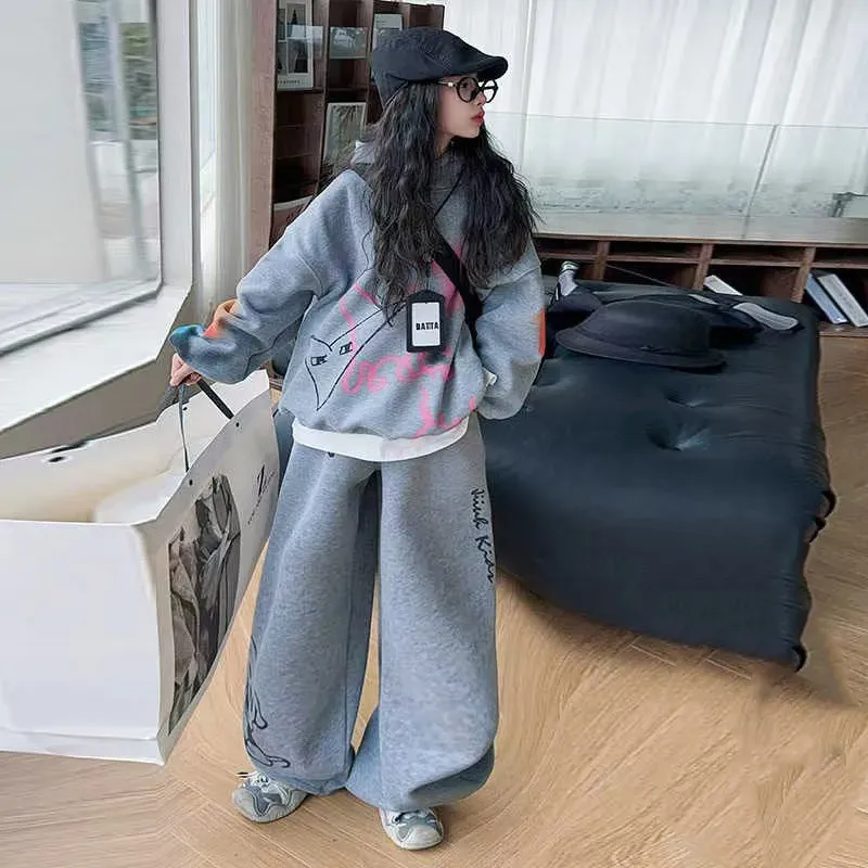 110-170 超かわいい ゆったり 裏起毛 秋冬 子供服 キッズ ジュニア 女の子 落書き プリント フード付き パーカー✛パンツ セットアップ