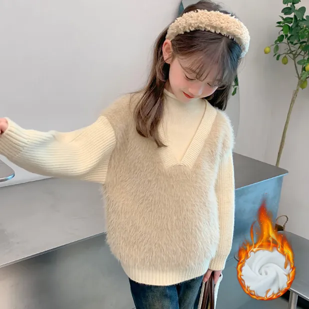 レイヤード 切り替え 120-160ふわふわ 厚手 裏起毛 暖か 春秋 冬 子供服 女の子 キッズ ジュニア トップス ニット セーター