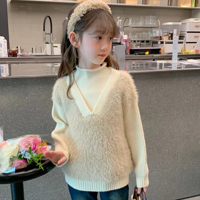 レイヤード 切り替え 120-160ふわふわ 厚手 裏起毛 暖か 春秋 冬 子供服 女の子 キッズ ジュニア トップス ニット セーター