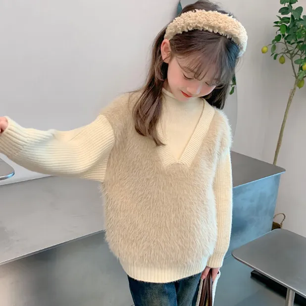 レイヤード 切り替え 120-160ふわふわ 厚手 裏起毛 暖か 春秋 冬 子供服 女の子 キッズ ジュニア トップス ニット セーター