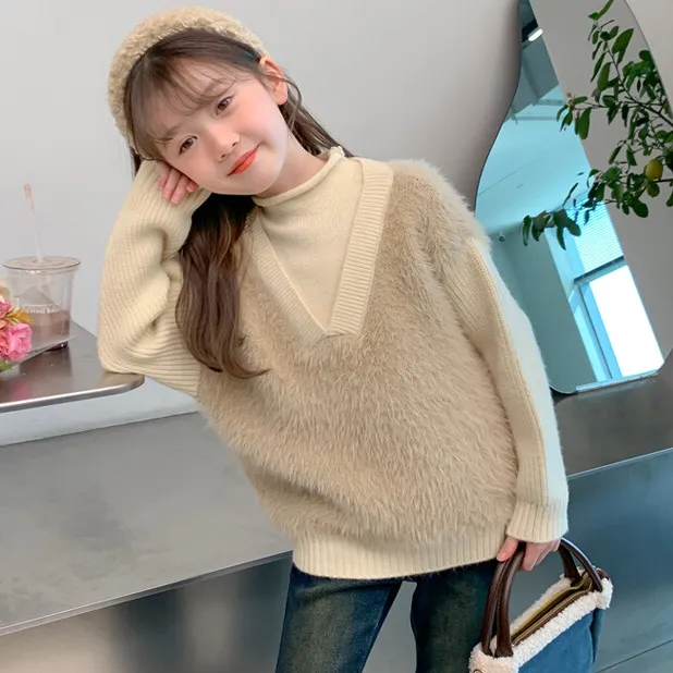 レイヤード 切り替え 120-160ふわふわ 厚手 裏起毛 暖か 春秋 冬 子供服 女の子 キッズ ジュニア トップス ニット セーター