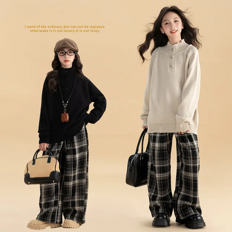 120-170 ニット生地 カジュアル 秋 冬 子供服 キッズ ジュニア 女の子 ゆったり ハーフネック ボタン セーター/チェック柄 ワイドパンツ セットアップ(単品注文)