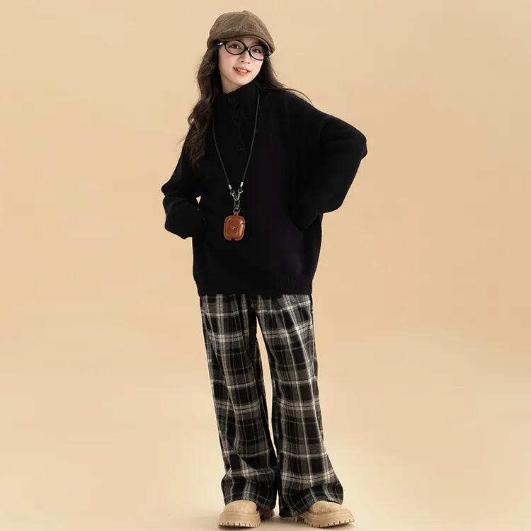 120-170 ニット生地 カジュアル 秋 冬 子供服 キッズ ジュニア 女の子 ゆったり ハーフネック ボタン セーター/チェック柄 ワイドパンツ セットアップ(単品注文)